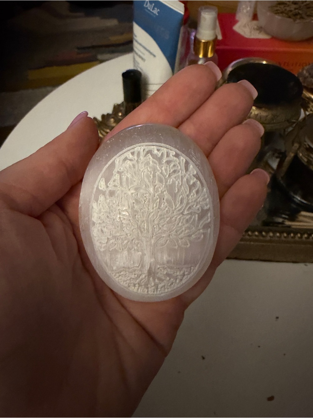 Carved Tree of Life Selenite Palm Stone - Translucent White